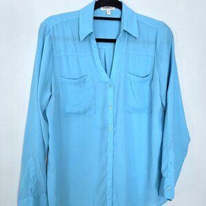 NWOT Express Blue Long & Tab Sleeve V-Neck Button Down Blouse Size L